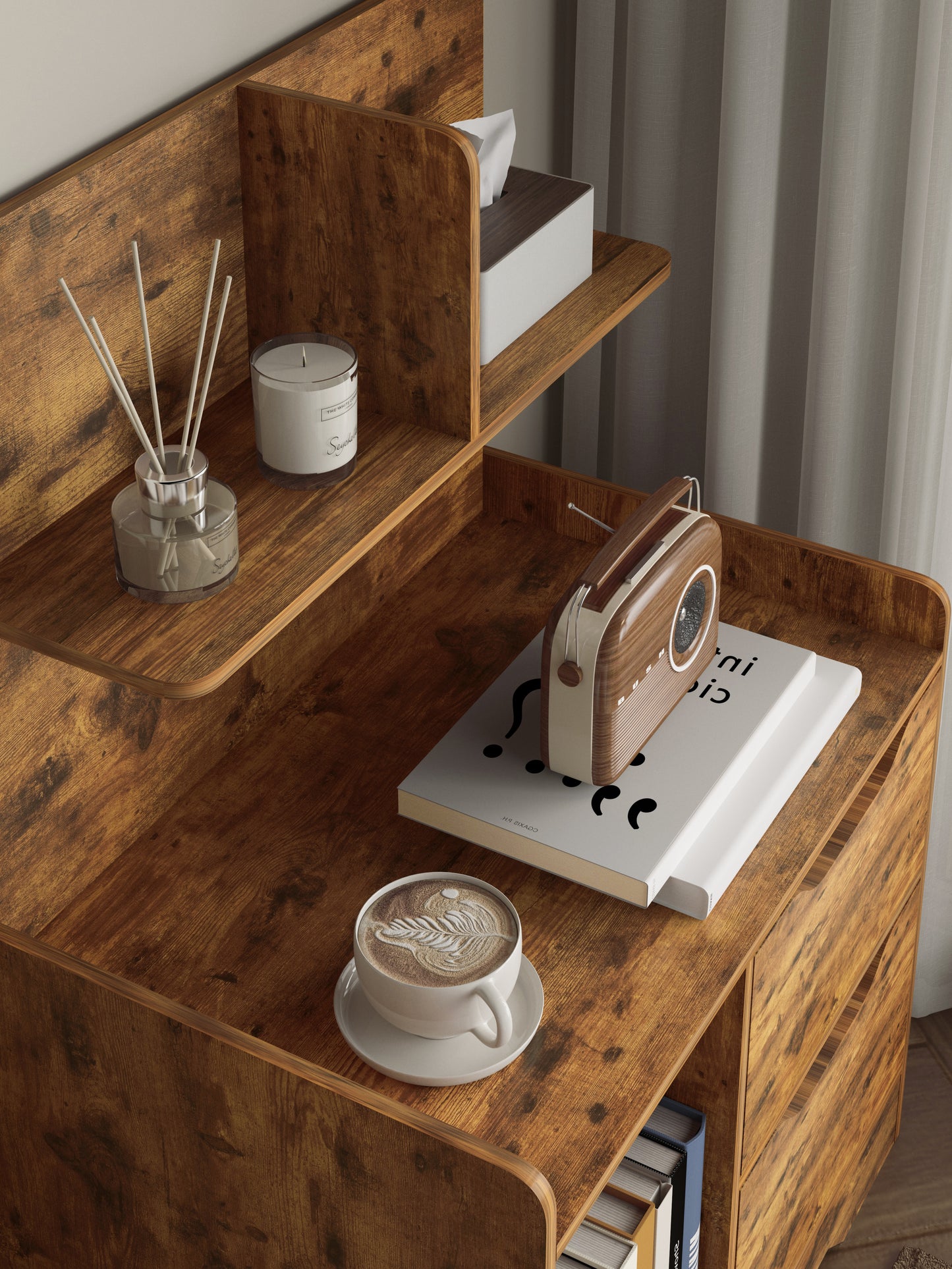 Tall Bed Side Table with Chest of Drawers and Shelf (Rustic Wood)