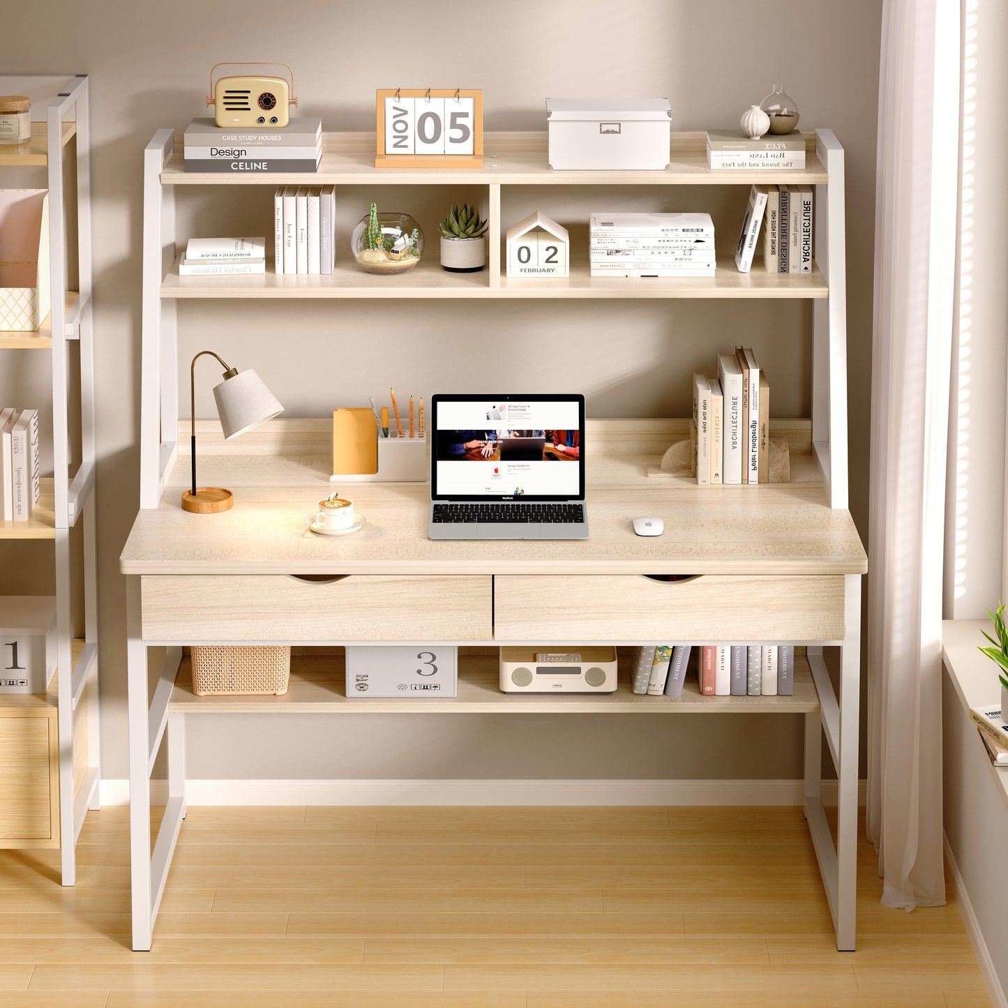 Spacious Office Computer Desk Workstation with Shelves and Drawers White Oak