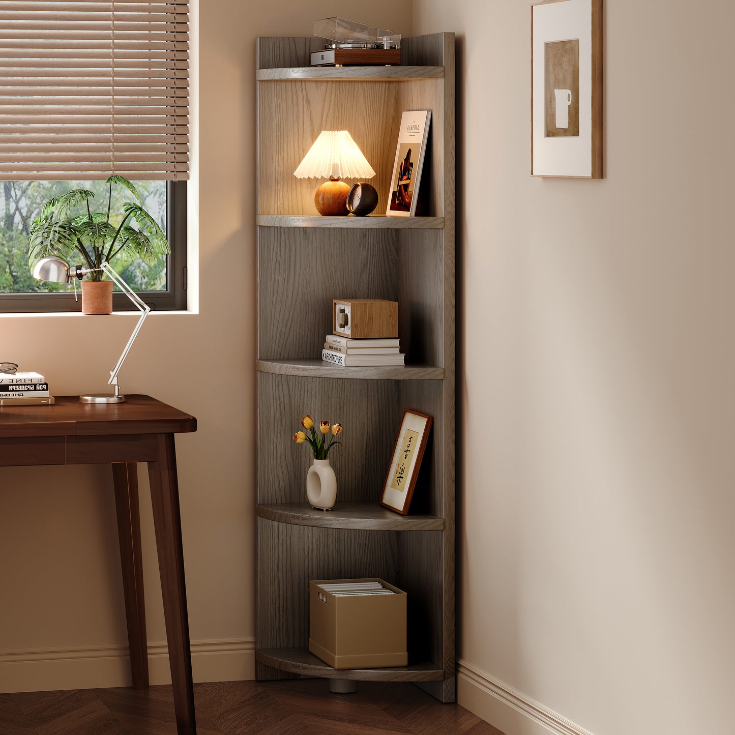 Stylish 5-Tier Rustic Grey Wooden Corner Shelf Unit
