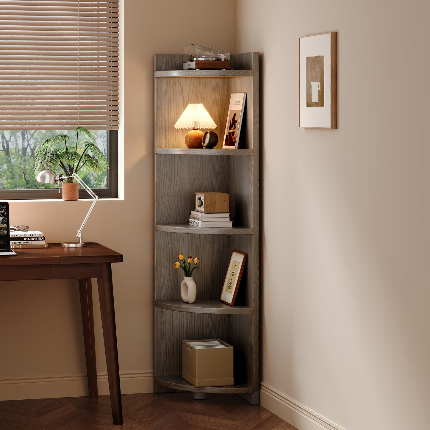 Stylish 5-Tier Rustic Grey Wooden Corner Shelf Unit