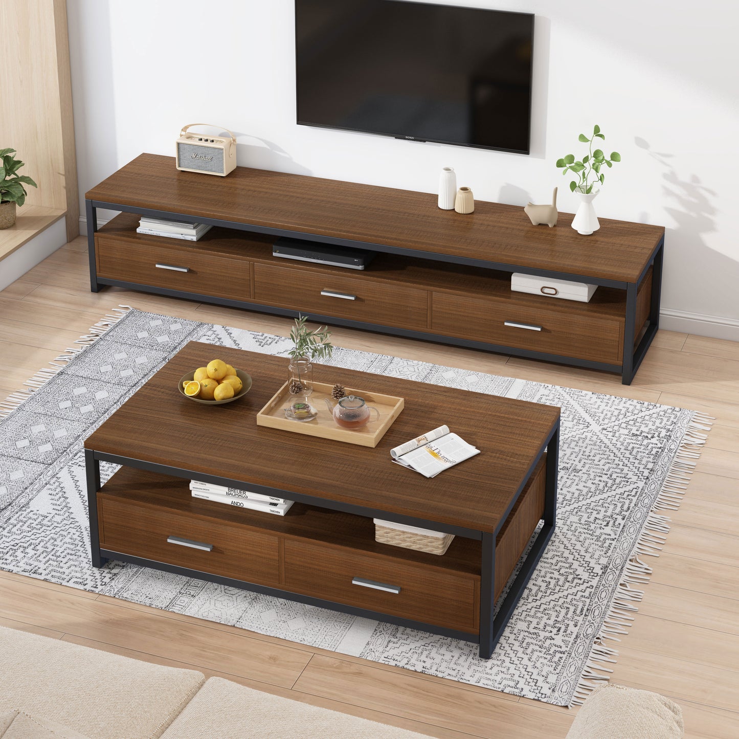 Vivo Modern TV Cabinet Entertainment Unit with Drawers (Walnut)