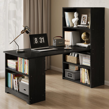 Modern Workstation Computer Desk with 6 Storage Shelves Bookcase Black Wood