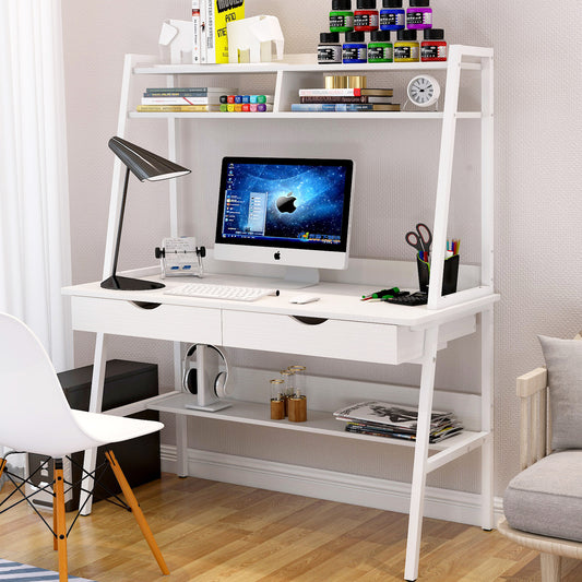 Modern Computer Desk Workstation with Shelves and Drawers White