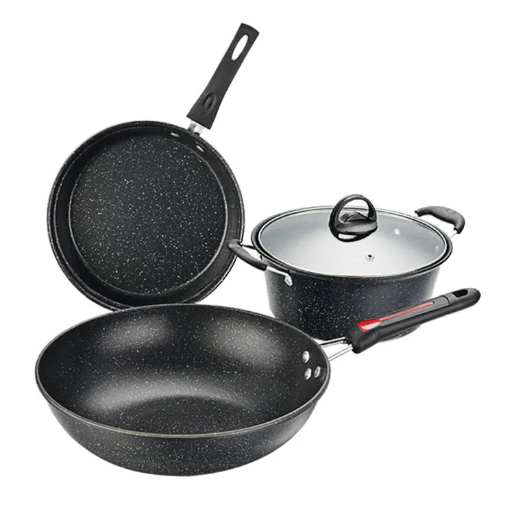 3 PC Non-Stick Stone Cookware Set Frying Pan Pot Kitchen Essentials