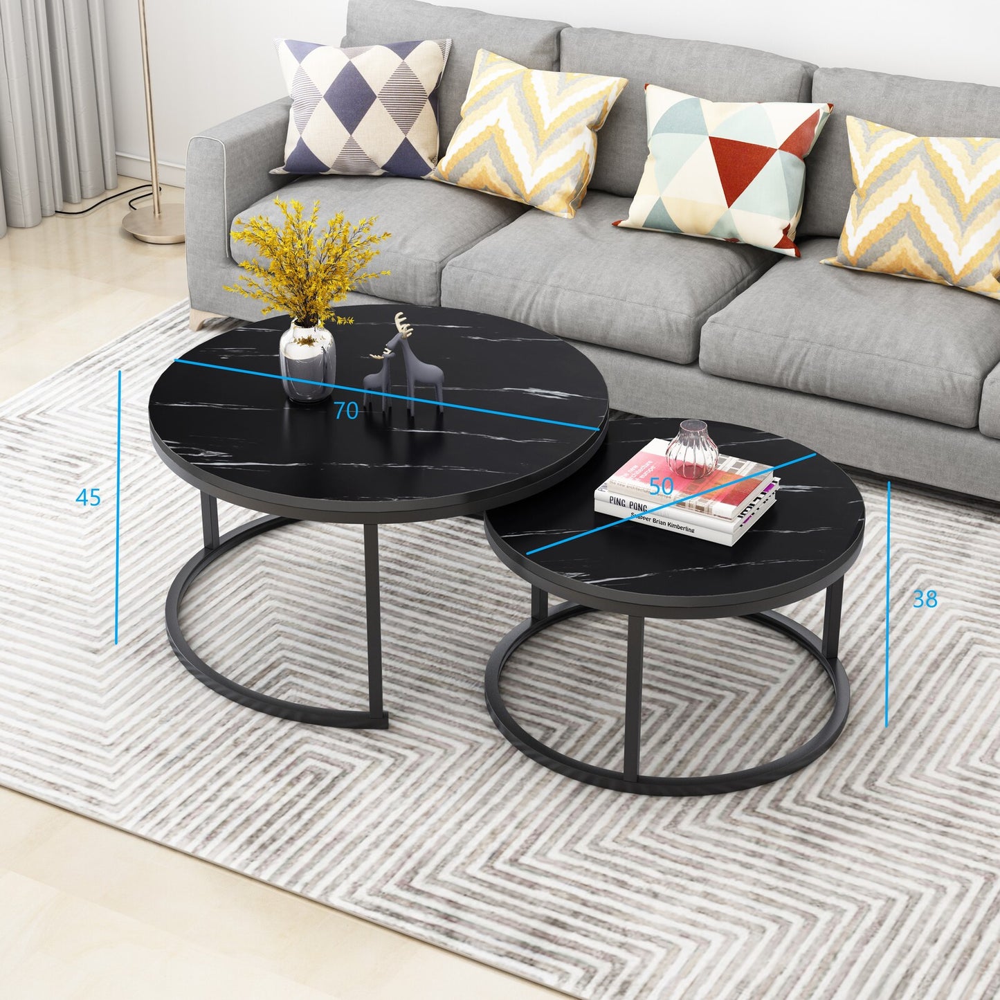 Luxor 2-in-1 Designer Marble Look Nested Coffee Tables Black