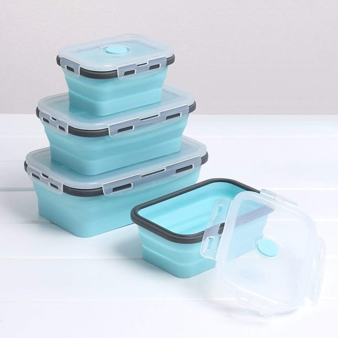 Pack of 4 Collapsible Silicone Food Storage Containers with Airtight Lid Blue