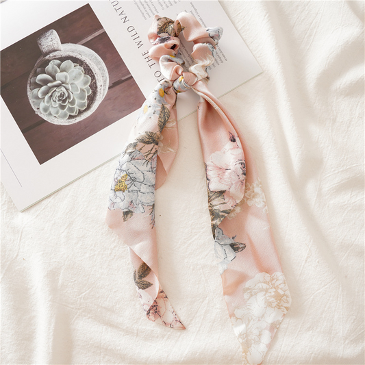 Silky Satin Floral Hair Scarf Scrunchies Ponytail Bow Hairband Headwear