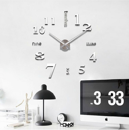 Large 3D Luxe DIY Wall Clock Modern Home Decoration Silver