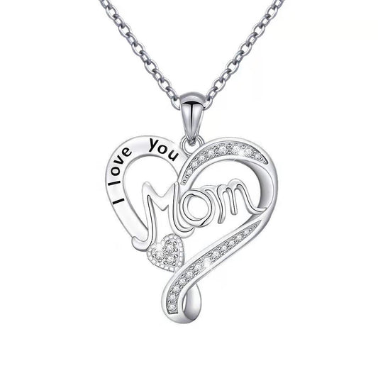 Sterling Silver Heart Shaped Pendant Necklace with CZ Diamond for Mom