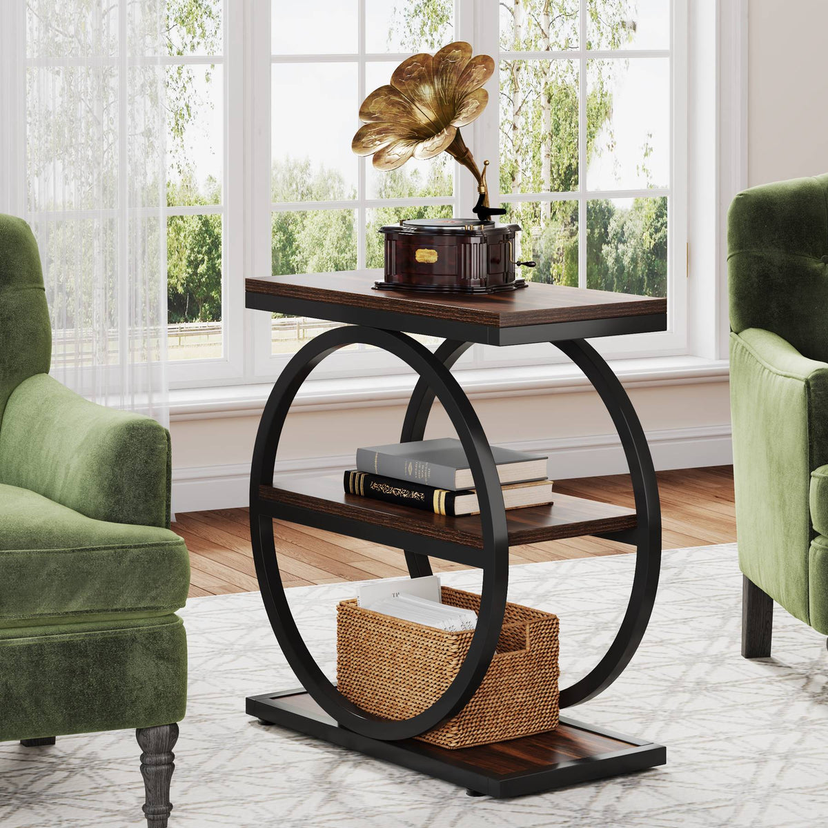 3-Tier Industrial Rustic Side End Table with Circular Steel Frame