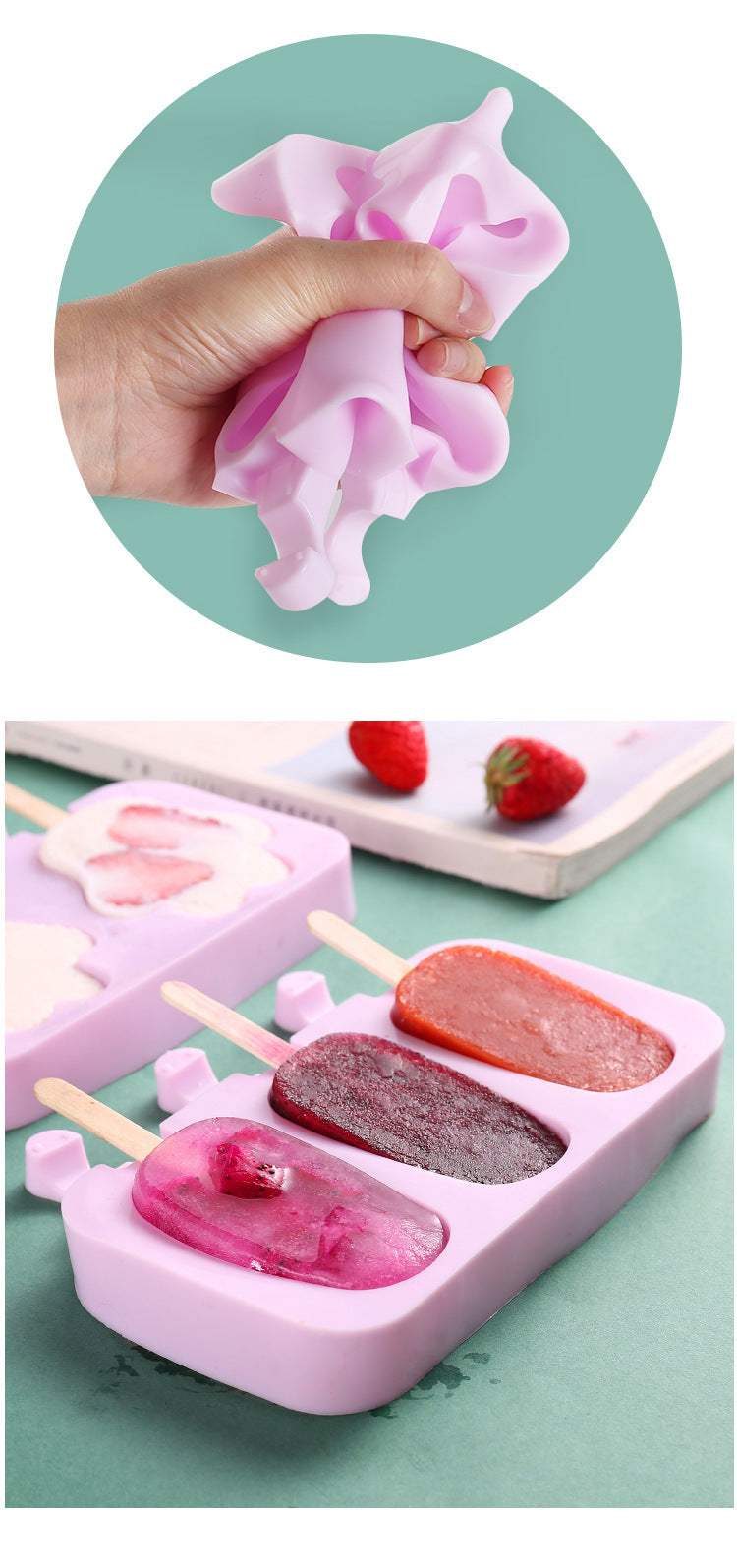 Silicone Ice Cream Popsicle 3-Piece Moulds for Homemade Treats