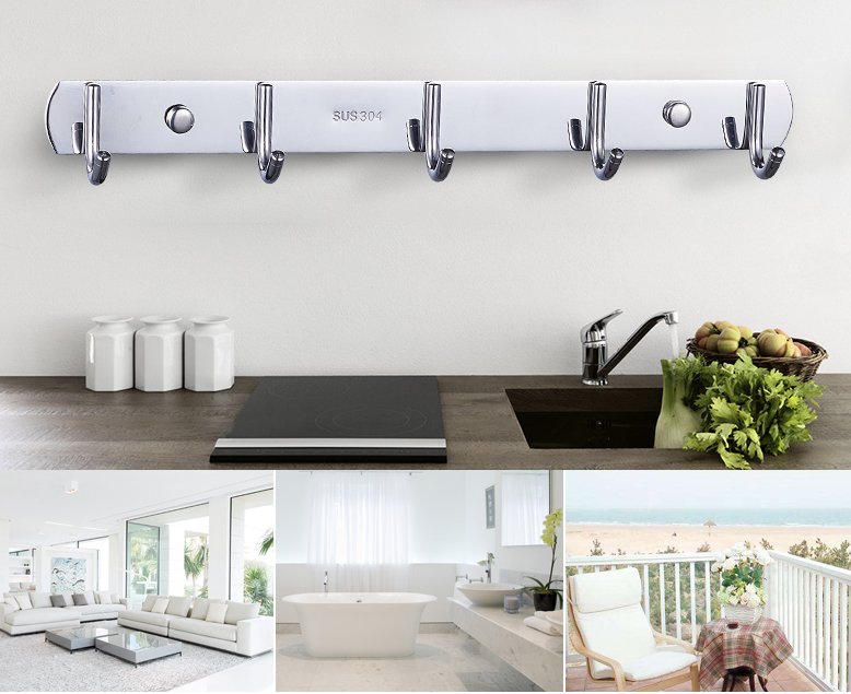 Heavy Duty Stainless Steel 5 Hook Rail for Kitchen and Bathroom Organization