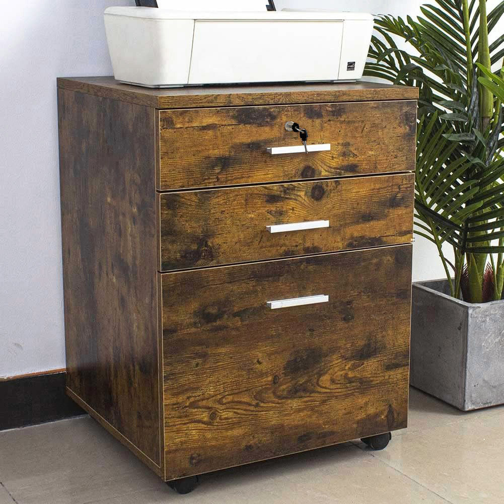 Rustic Wood 3 Drawer Bedside Table Cabinet with Wheels