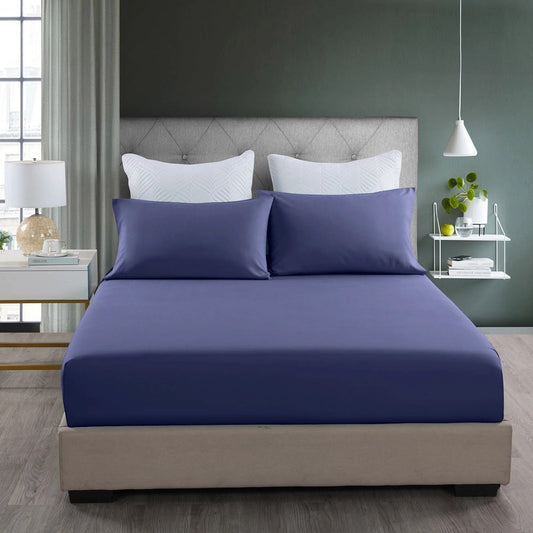 King Size 3-Piece Bed Set Fitted Sheet and Pillowcases Indigo