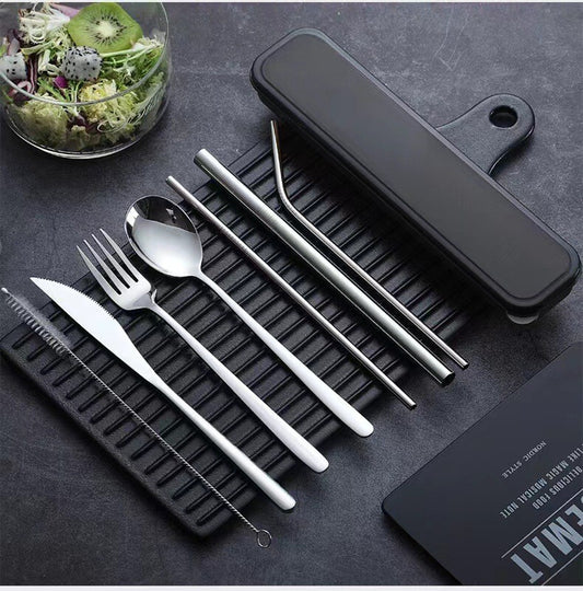 Premium 9PC Stainless Steel Travel Cutlery Set Knife Fork Spoon Portable Silver