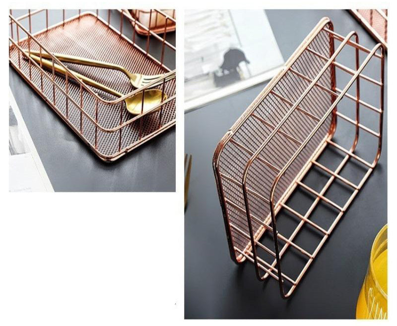 Elegant Rose Gold Metal Storage Basket Desktop Organizer