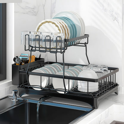 2-Tier Dish Drying Rack Kitchen Organizer with Utensil Holder Black