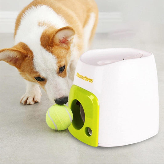 Interactive Dog Training Tennis Ball Launcher with Automatic Feeder and Treat Dispenser