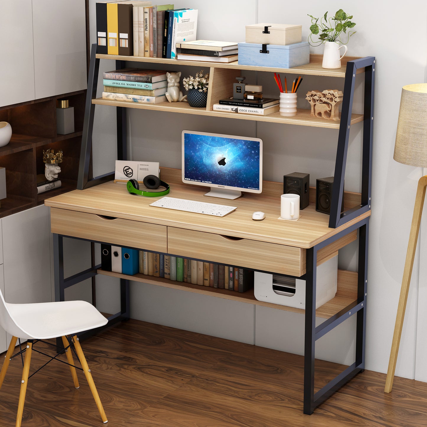 Spacious Office Computer Desk Workstation with Shelves and Drawers - Oak