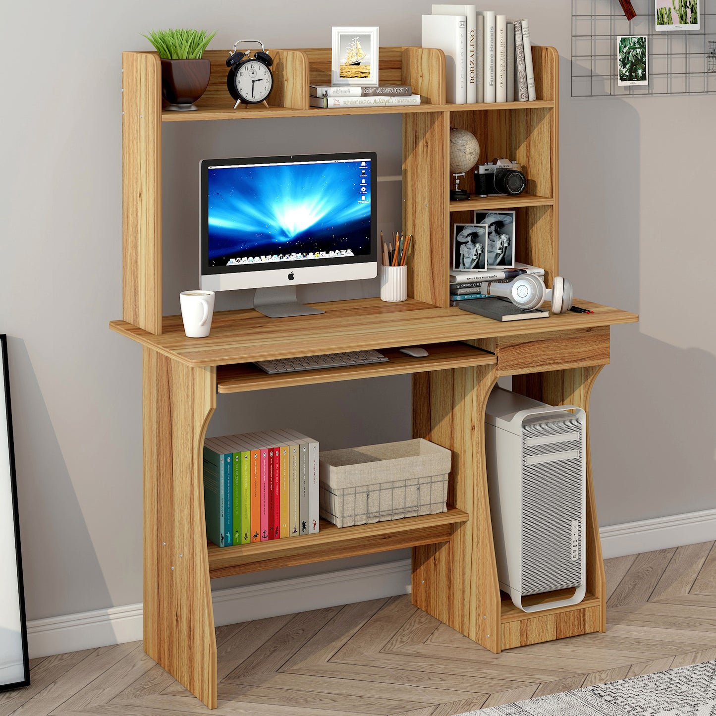 Modern Smart Office Desk with Storage Shelf and Drawer - Oak