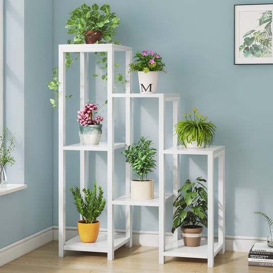 Elegant Multi-Tiered Garden Plant Stand Wood Steel Planter Shelf White