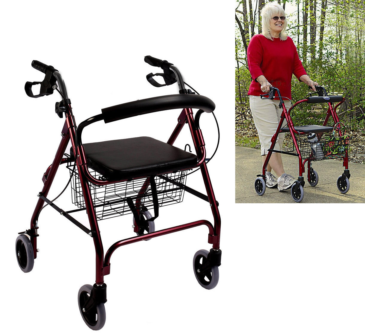 Senior 6-Wheel Foldable Rollator Walker with Seat for Mobility Aid