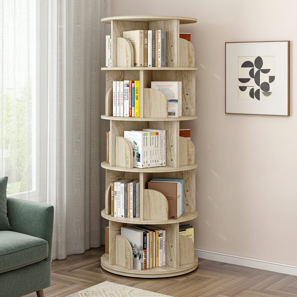 5 Tier Rotating Display Shelf Bookcase Organiser Coastal Oak