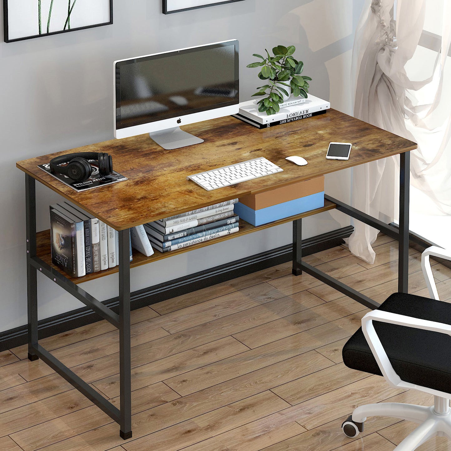 Rustic Wood and Metal Computer Desk with Storage Shelf