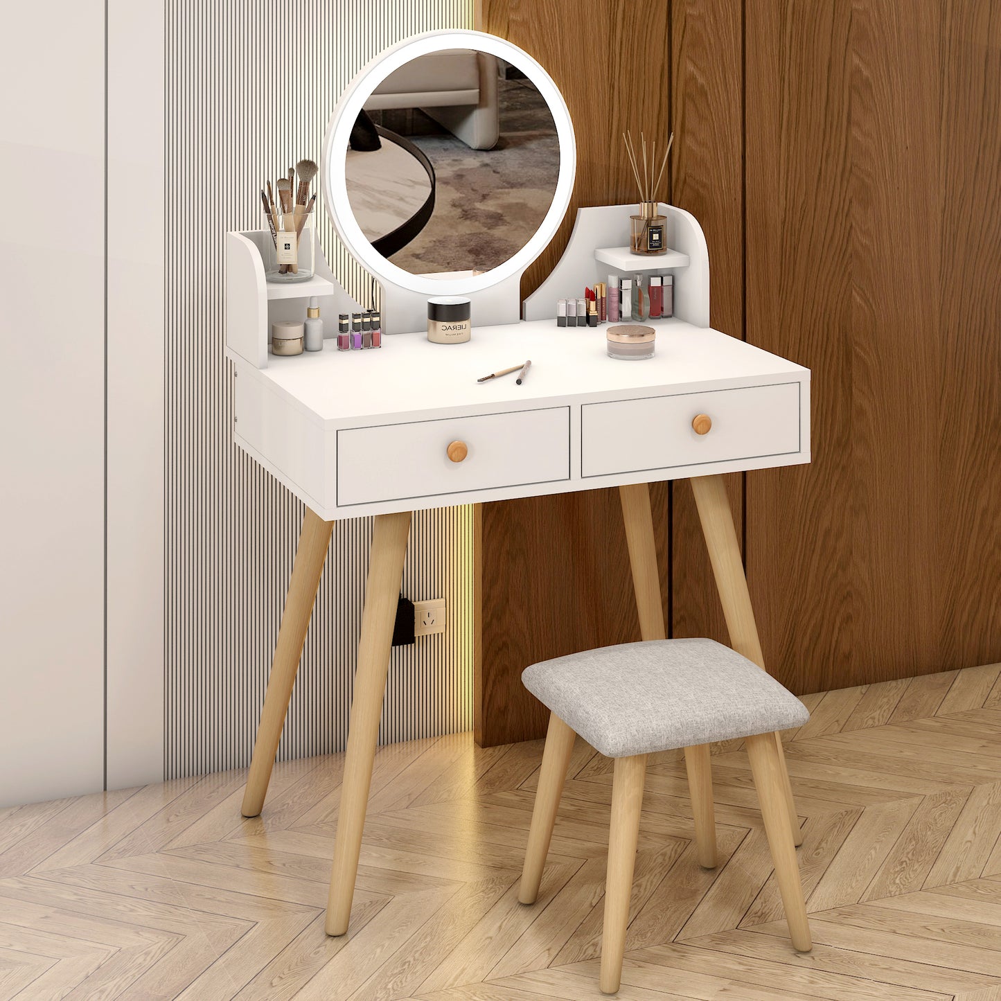 Princess Vanity Table with LED Mirror Stool and Storage Drawers Set