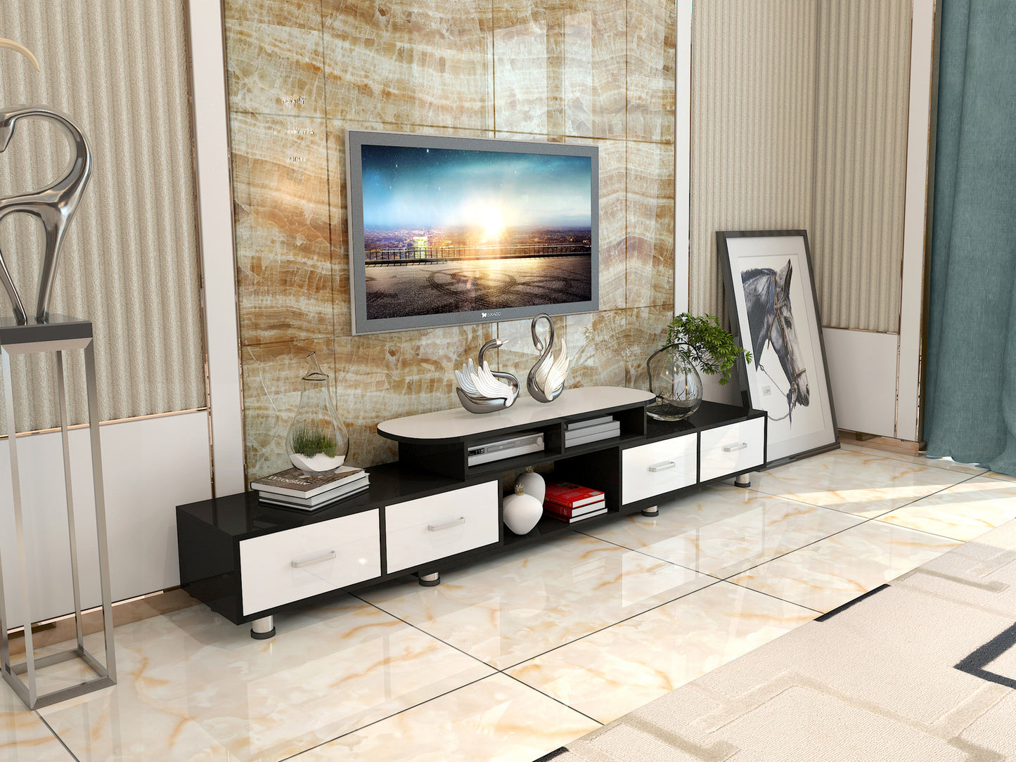 Extendable 4-Drawer TV Cabinet High Gloss White Black