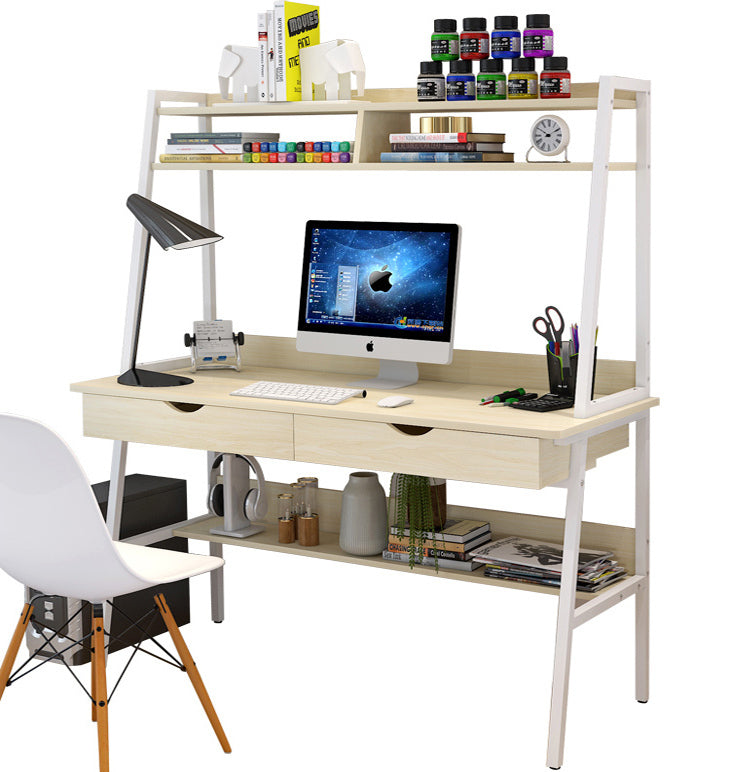 Modern Computer Desk with Shelves and Drawers White Oak