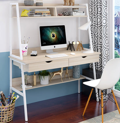 Modern Computer Desk with Shelves and Drawers White Oak