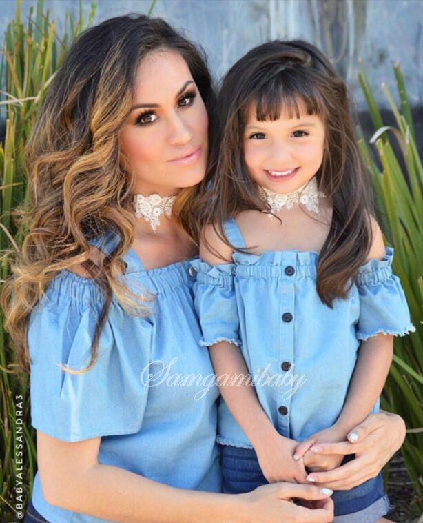 Mother Daughter Cold Shoulder Tops and Denim Shorts Matching Outfits