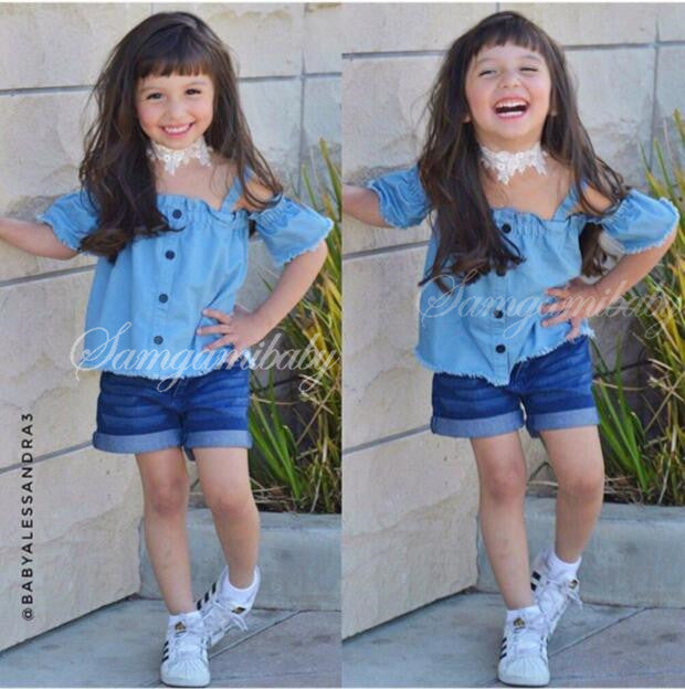 Mother Daughter Cold Shoulder Tops and Denim Shorts Matching Outfits