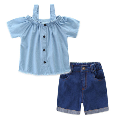 Mother Daughter Cold Shoulder Tops and Denim Shorts Matching Outfits