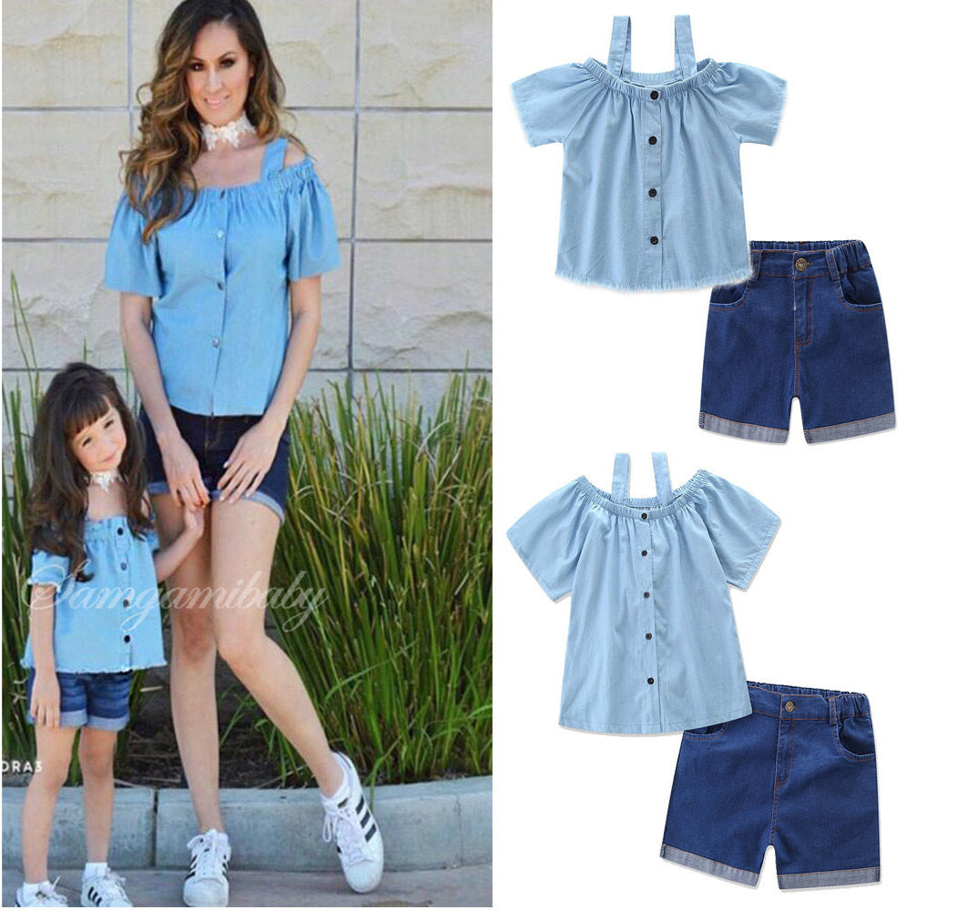 Mother Daughter Cold Shoulder Tops and Denim Shorts Matching Outfits