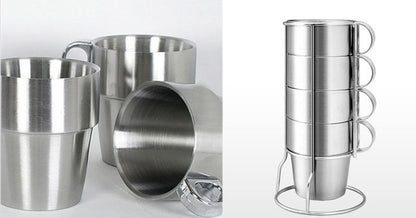 Stainless Steel Camping Cups Set with Stand for Tea Coffee Outdoor Use