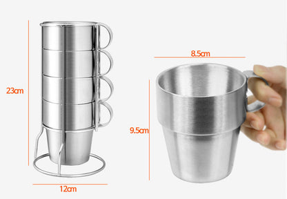 Stainless Steel Camping Cups Set with Stand for Tea Coffee Outdoor Use