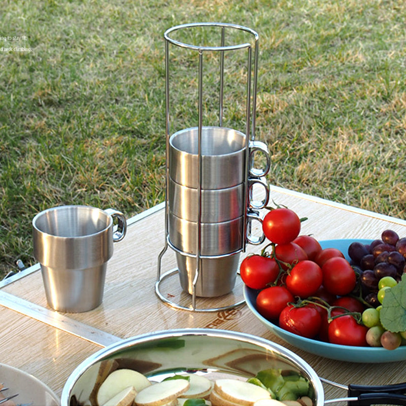 Stainless Steel Camping Cups Set with Stand for Tea Coffee Outdoor Use