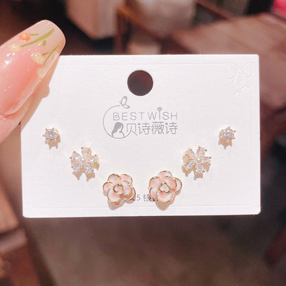 3 Pairs Floral Sterling Silver Stud Earrings Set