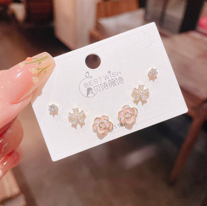 3 Pairs Floral Sterling Silver Stud Earrings Set