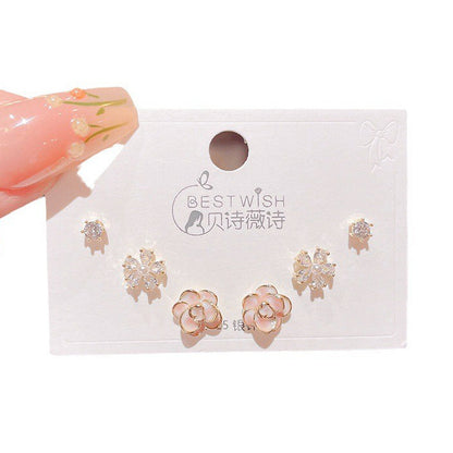 3 Pairs Floral Sterling Silver Stud Earrings Set