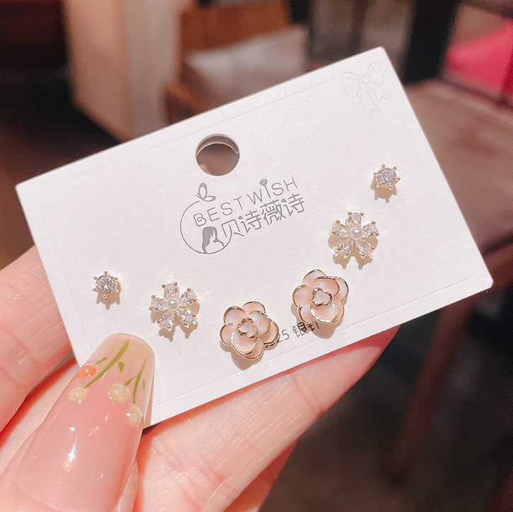 3 Pairs Floral Sterling Silver Stud Earrings Set