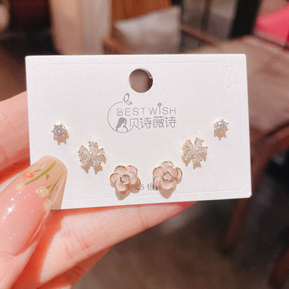 3 Pairs Floral Sterling Silver Stud Earrings Set