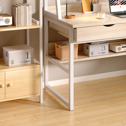 Spacious Office Computer Desk Workstation with Shelves and Drawers White Oak