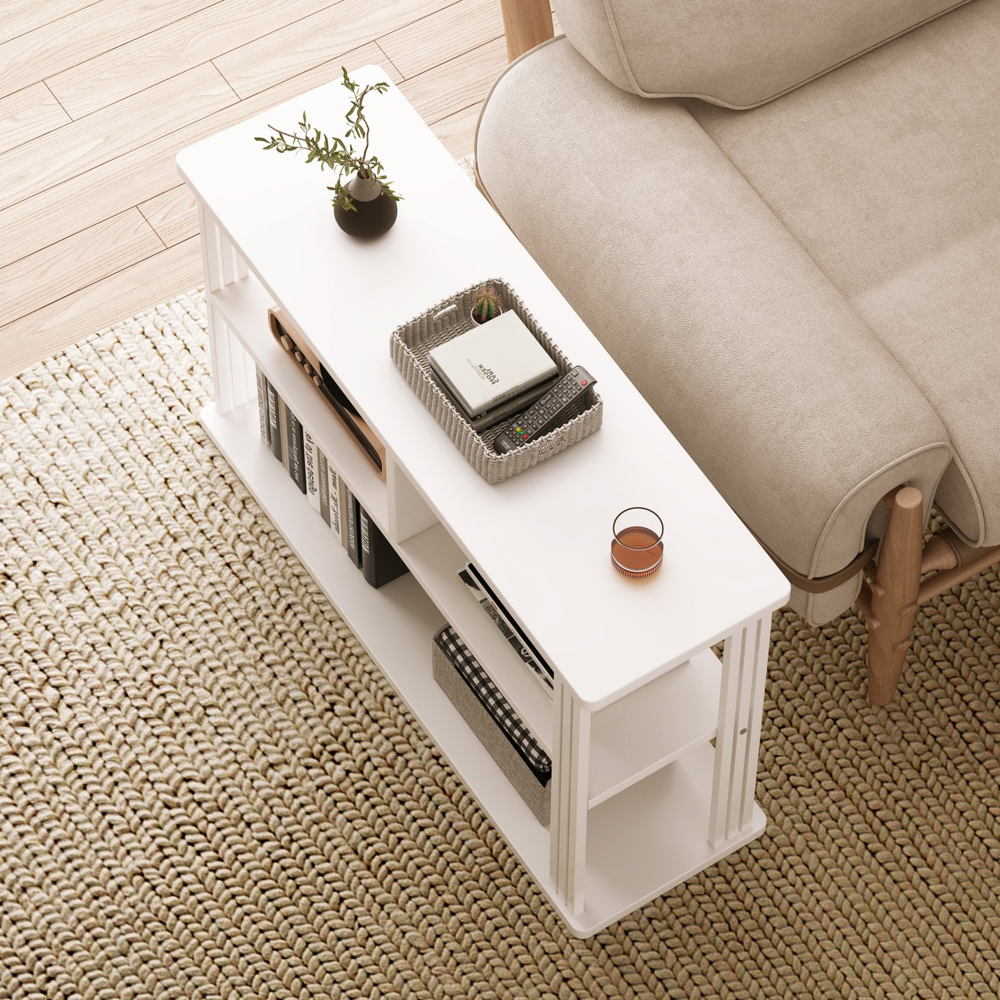 Stylish Wood and Steel Sofa Side Table with Shelves White