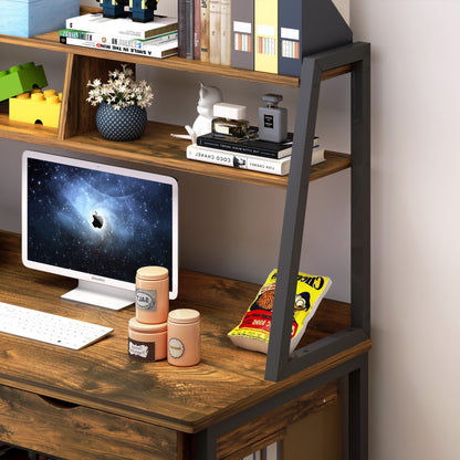 Spacious Office Computer Desk Workstation with Shelves and Drawers Rustic Wood