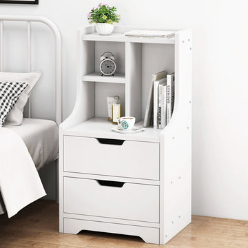 Elegant Tall 2-Drawer Bedside Table with Storage Shelves White