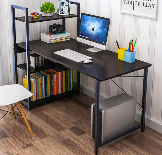 Large Workstation Wood Steel Computer Desk with Bookcase Storage Shelves Black