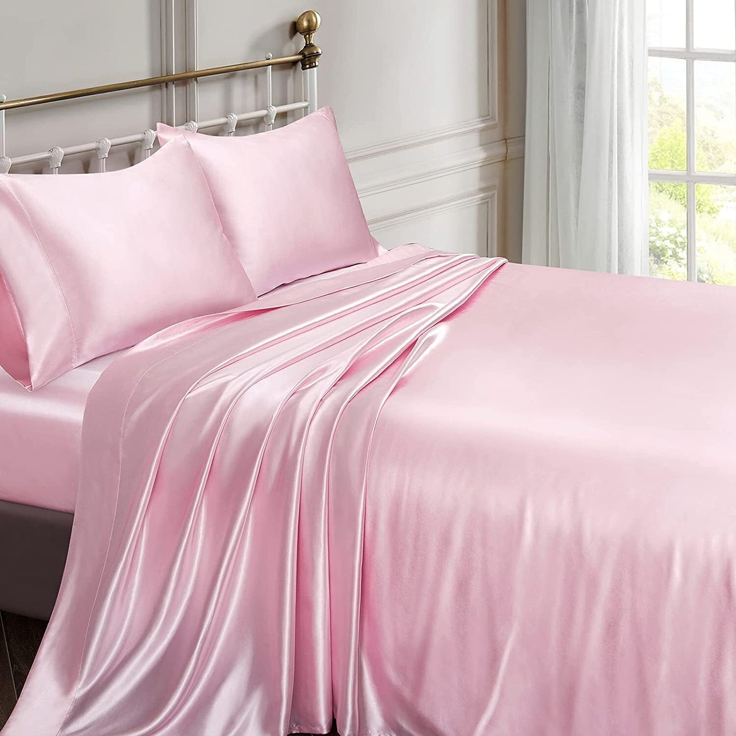 King Size Silky Satin Bed Sheet Set 4-Piece Soft and Smooth Pink